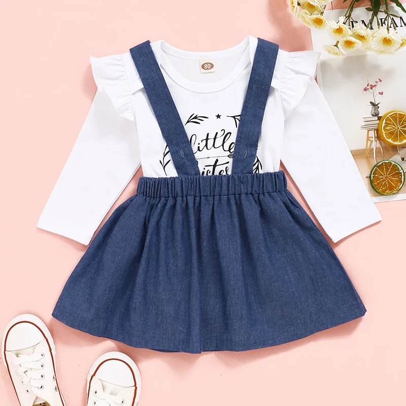 

Baby Girl Clothes Set Newborn Baby Girl Outfits Long Sleeve Little Sister Romper Denim Suspender Skirt Toddler Girl Dress Set