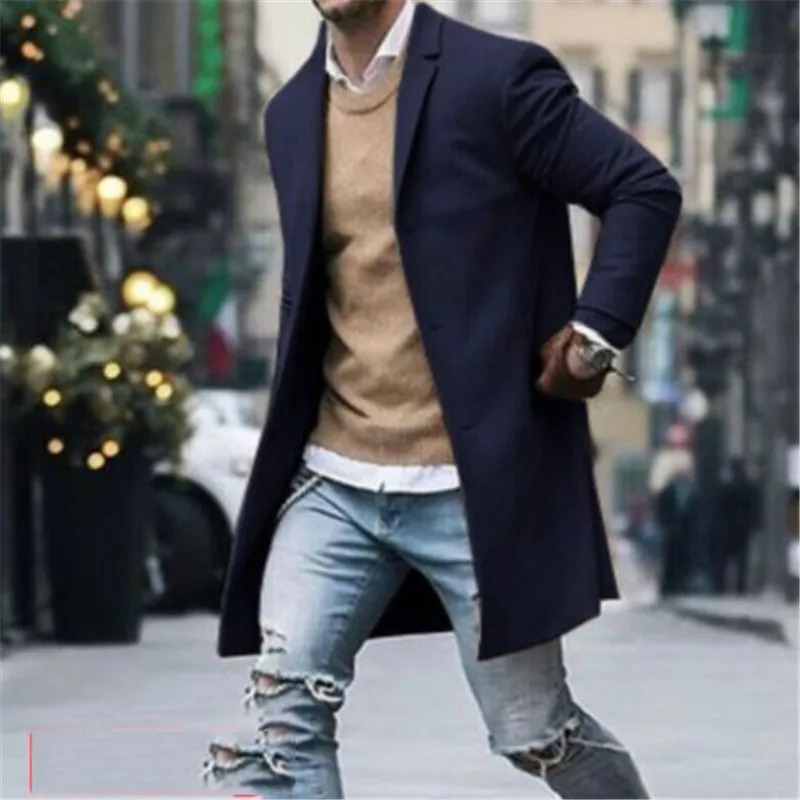 

Men Coat Winter Wool Blends Trench lapel Outwear Warm Overcoat Long Jacket Peacoat Tops