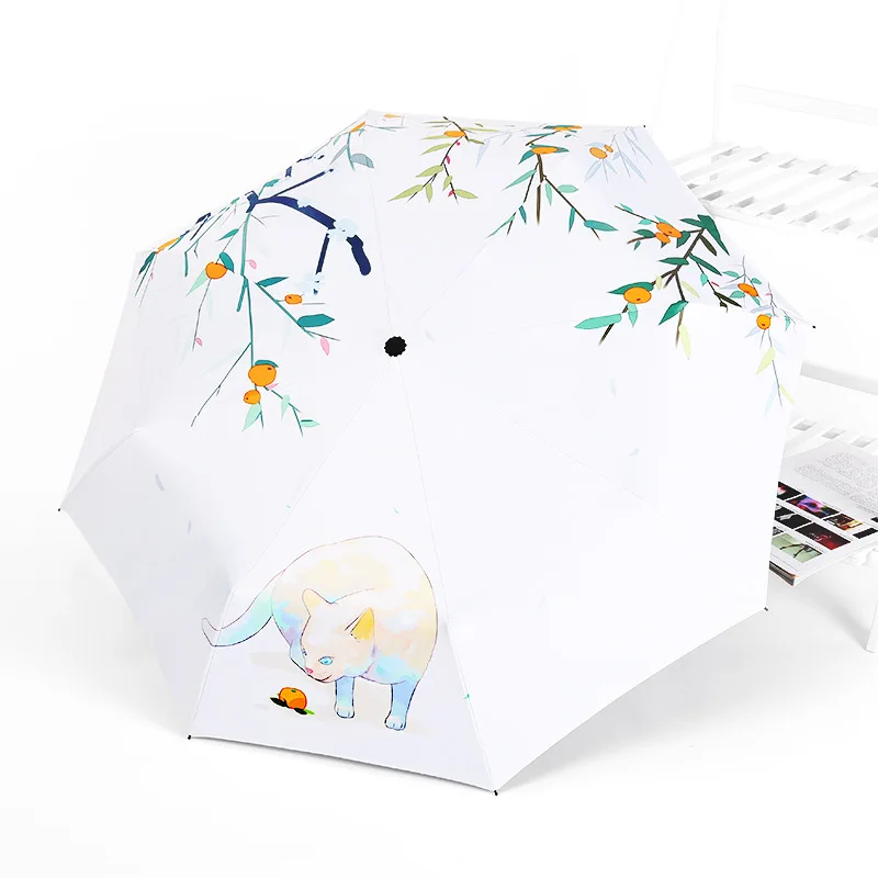 Женский автоматический зонт с черным покрытием складной от дождя и солнца тремя