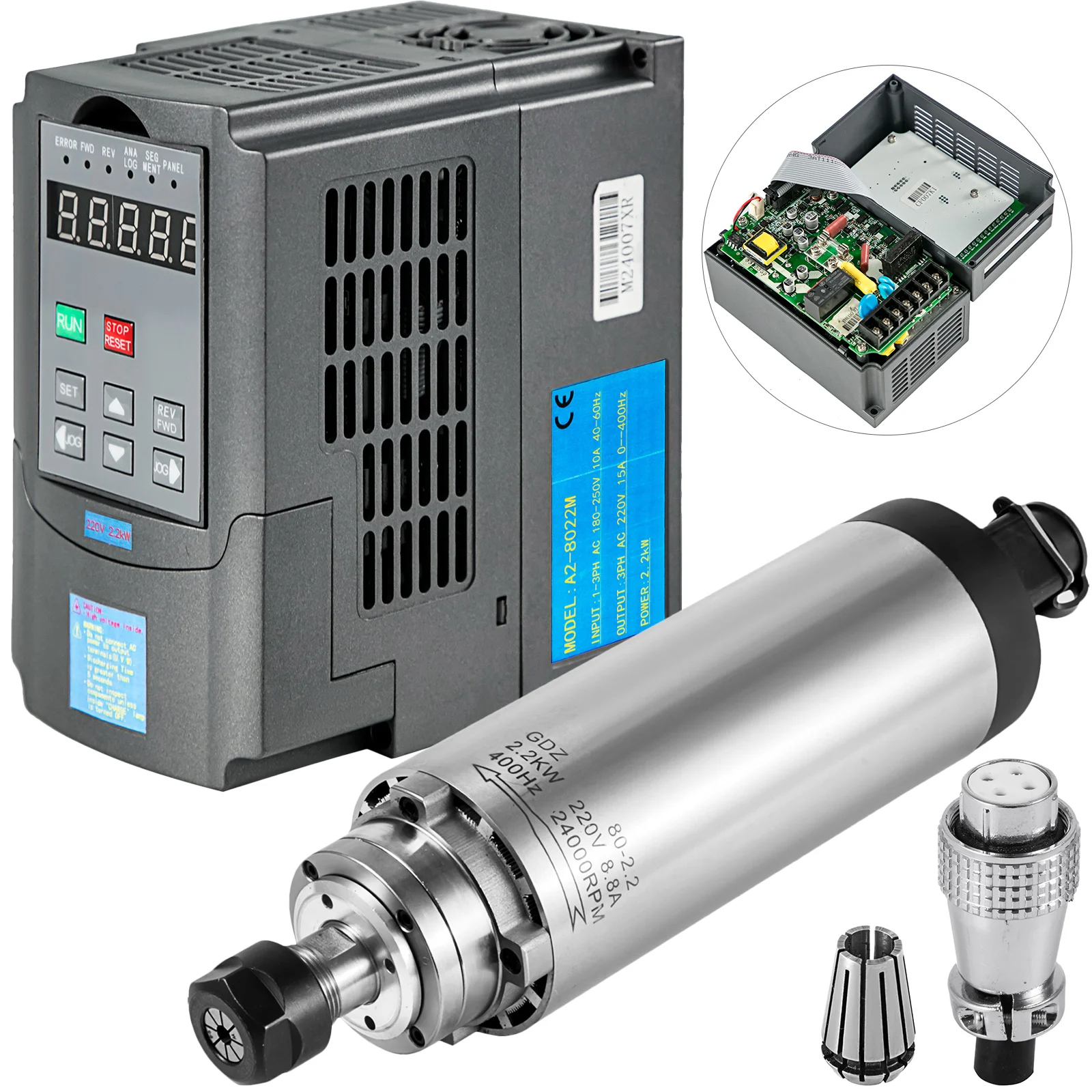 

VEVOR 3HP 2.2квт привод переменной частоты VFD и 2.2квт Шпиндельный двигатель с воздушным охлаждением с цанговым патроном ER20 для фрезерного станка ...