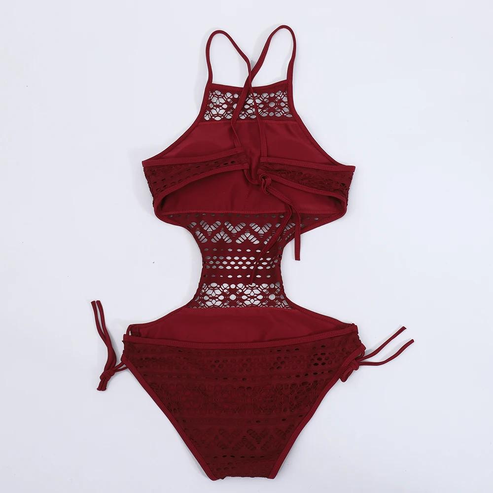 

2021 women swimsuit one pieces swimwear female sexy hollow monokini lace halter bathing suit pad beachwear solid bodysuit