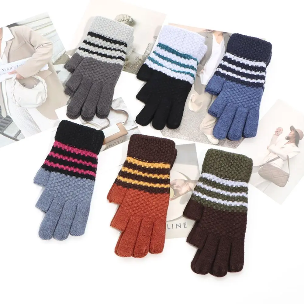 

Stripes Outdoor Cycling Stripe Women's Knitted Gloves Show Two Fingers Korean Style Mittens Ladies Winter Accessories