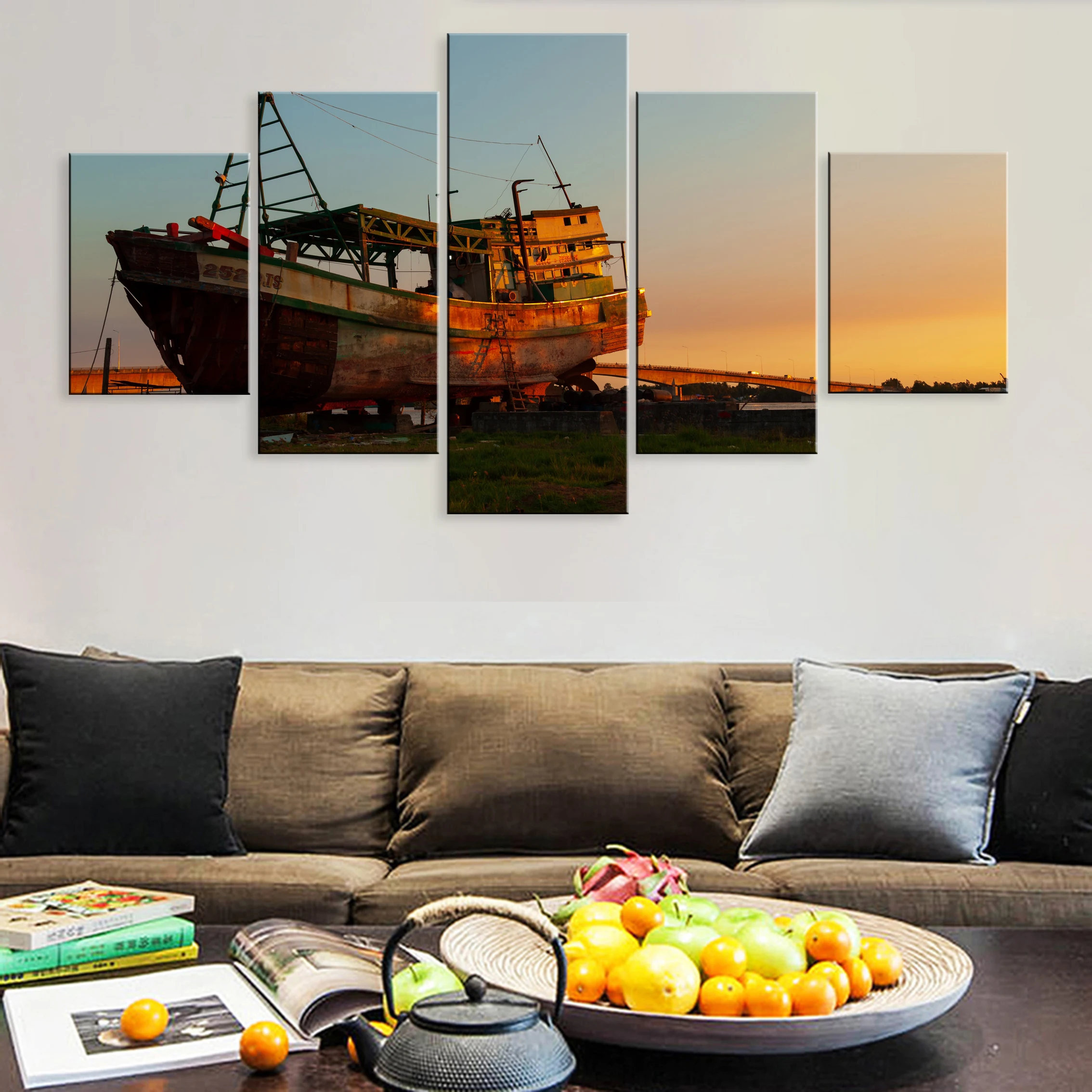 

Hd Dilapidated Steamship Landscape Modern 5 Pieces Artwork Modular Poster Painting Canvas For Living Room Home Decor Framework