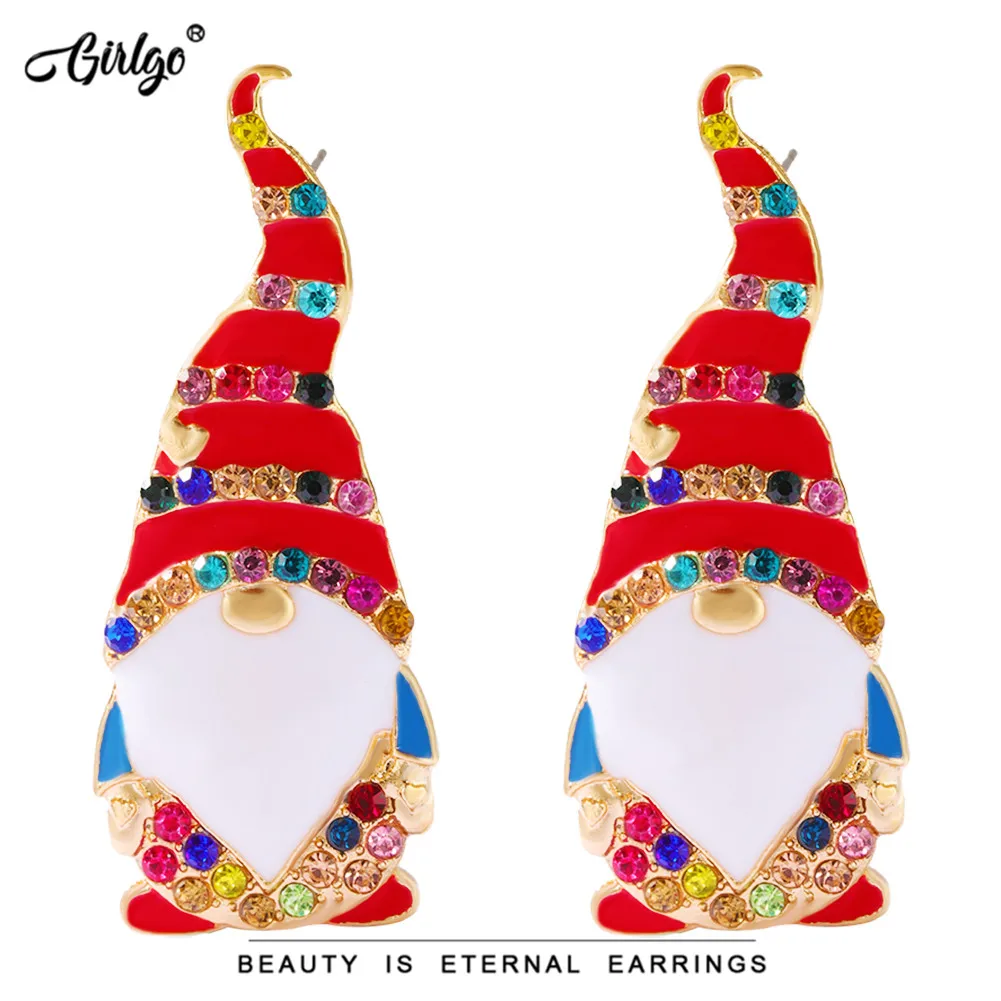 

Разноцветные серьги Girlgo со стразами, эффектные серьги для женщин, богемные красные серьги-подвески без лица с шляпой, аксессуары