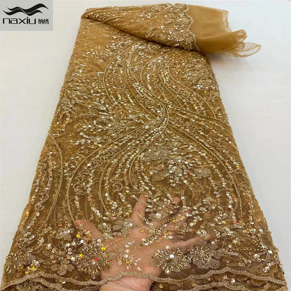 

Кружевная ткань, ручной работы, в нигерийском стиле, с вышивкой бисером, для шитья платья