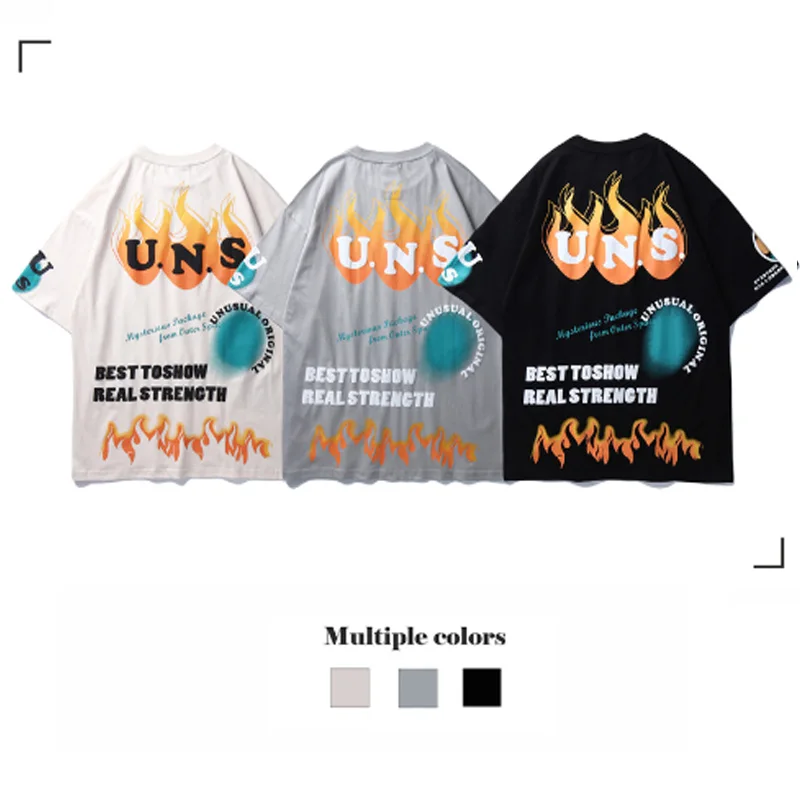 Оверсайз Футболка Мужская Хип-Хоп Уличная граффити Огонь Пламя Печать Harajuku