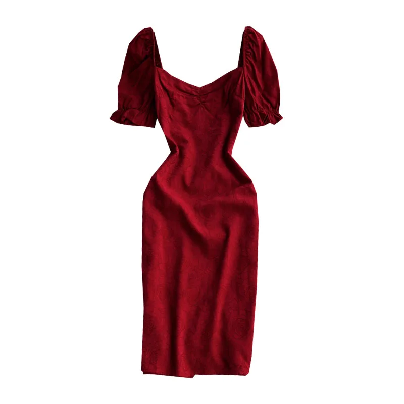 

Red French retro square neck dress summer Hepburn Style Bubble Sleeve waist slim temperament small evening dress