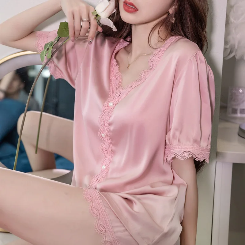 

Sexy V-Neck 2PCS Pajamas Suit Intimate Lingerie Lace Women Sleepwear Sleep Set Short Sleeve Satin Green Homewear Nightwear