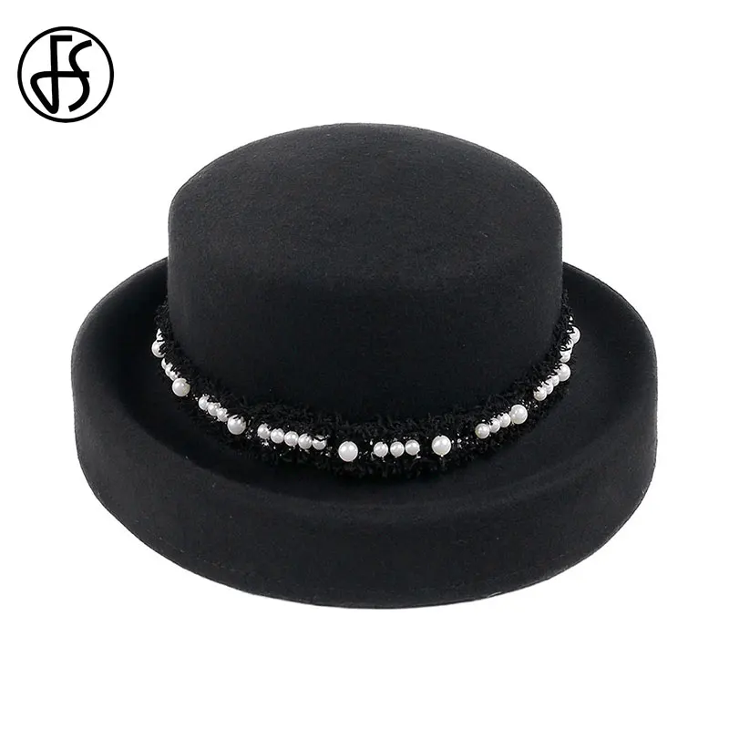 FS элегантные женские фетровая шляпка шерстяная шляпа с широкими полями Черный