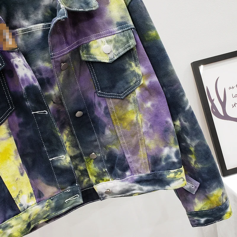 

Spring Jean Jacket Female Turn Down Collar Single Breasted Long-sleeved Panelled Print Tie-dyed Denim Jacket Cardigan Coat Veste