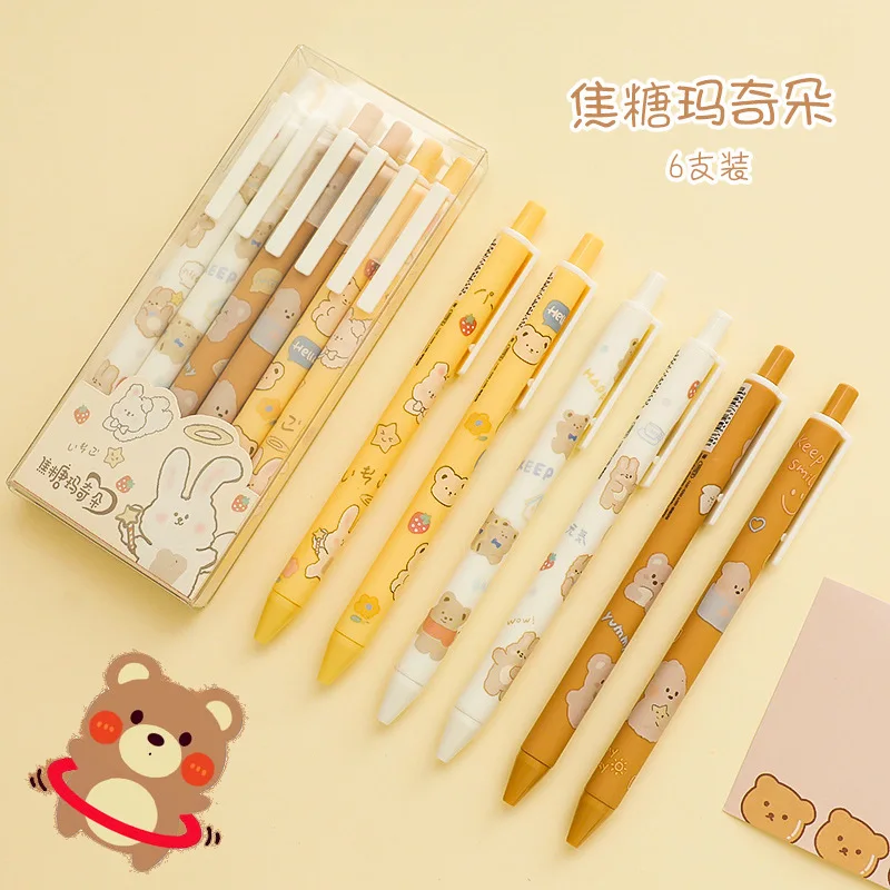 

6pcs/Set Press Gel Pens Cartoon Cute Bear 0.5mm Balck Ink Gel Pen Signing Pen Office School Stationery Supply