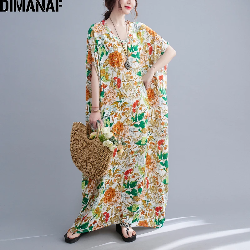 

DIMANAF 2021 Plus Size Summer Dress Women Sundress Beach Floral Bohemian Vestidos Long Dress Oversize Loose Casual 5XL 6XL 7XL