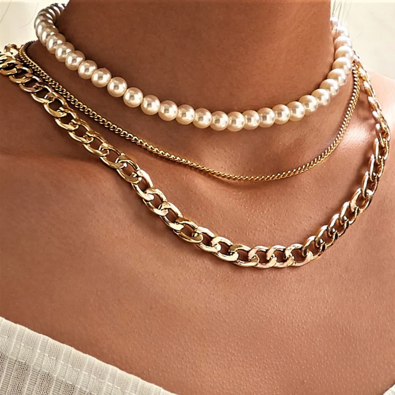 

Punk Pearl collar Gold Choker Necklace for Women Statement Multi Layered Cuban Link Chunky Chain Necklace Collares Neck Jewelry