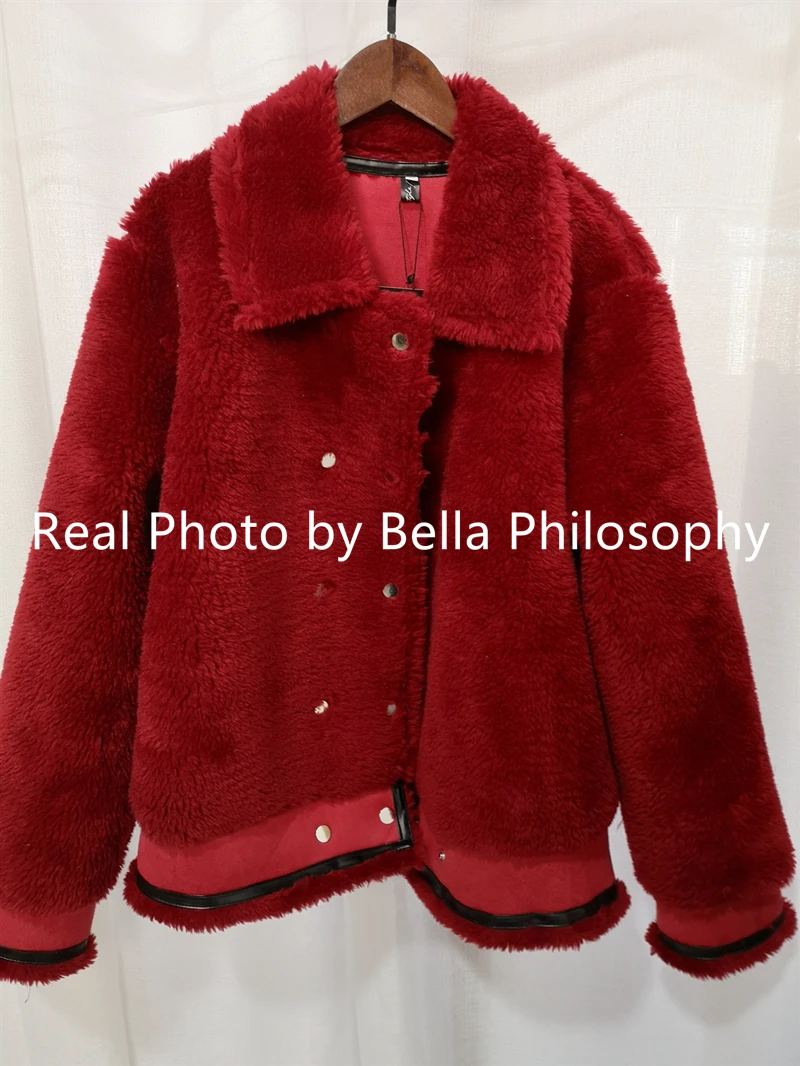 Bella philosophy, женское осенне-зимнее пальто из искусственного меха, Женское пальто из овечьей шерсти, женское повседневное теплое пальто с длинным рукавом, зеленая верхняя одежда - Цвет: Красный