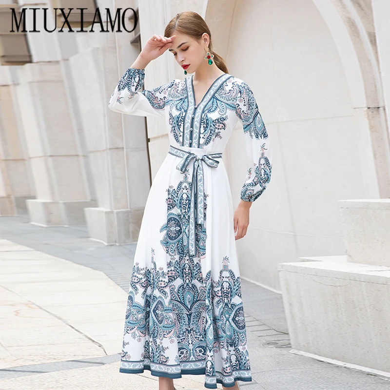 

MIUXIMAO High Quailty 2020 Fall Dress Long Sleeve flowers tree Print Vintage Mid-Calf Casual Long Beach Dress Women With Belt