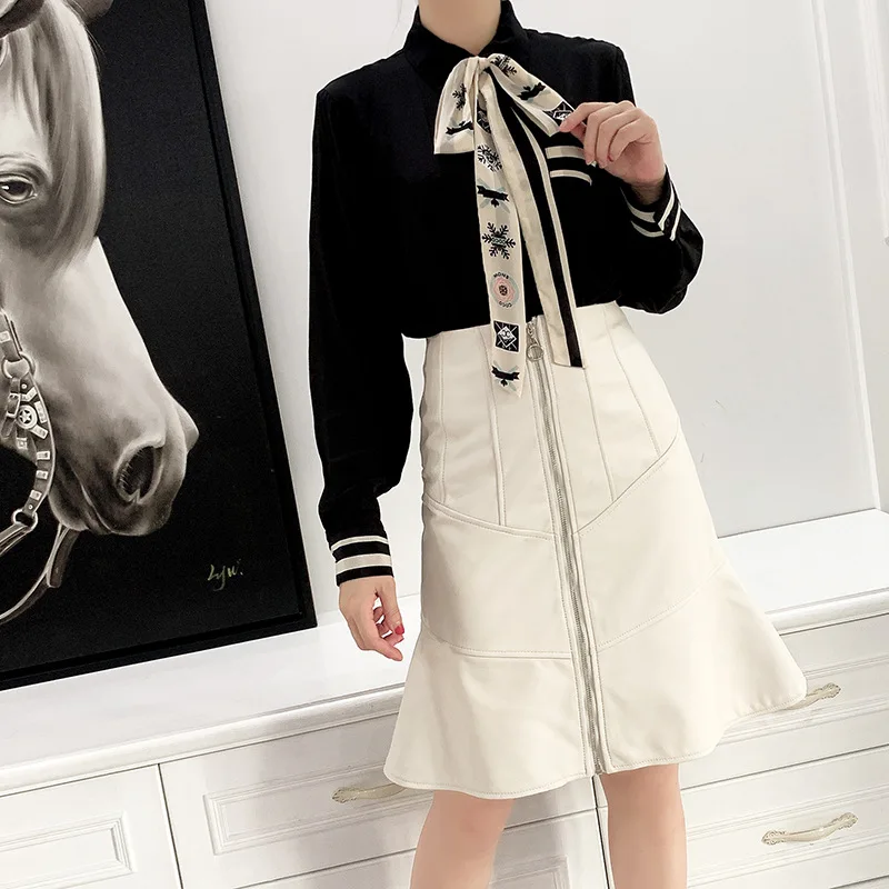 Женская кожаная юбка рыбий хвост Демисезонная из натуральной кожи с высокой