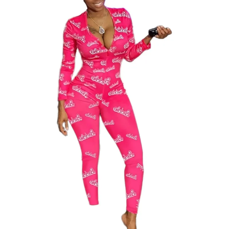 

o decote em v macaco bodycon playsuit esportiva manga longa com zper corpo terno carta impresso homewear macaco das mulheres