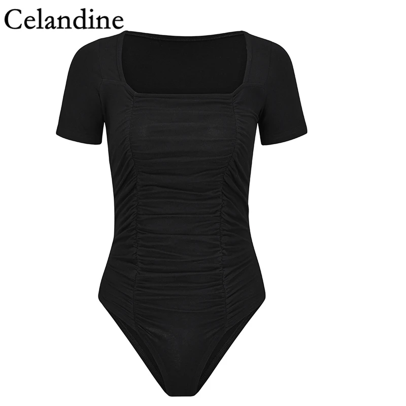 

Celandine White Black Sexy Ruched Short Sleeve Bodysuit Women Casual Bodysuits Skinny Body Top Streetwear Spring Autumn 2021 New