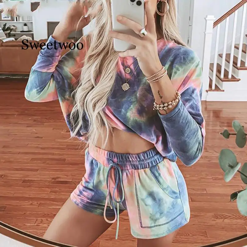 

Women Spring casual Tie-dye Two Piece Outfits Tracksuit Long Sleeve Top and Shorts Suits Summer 2pcs Matching Sets Lounge Wear