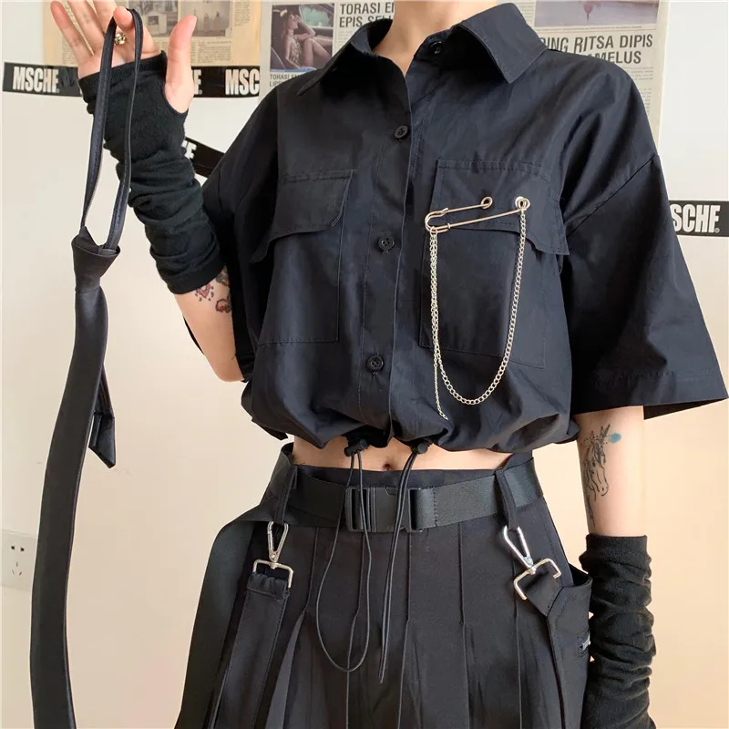 

summer ulzzang harajuku pockets Women's Clothing crop tops punk style black white Blouses casual loose Female Shirts solid