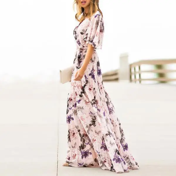 Летнее платье Макси Boho большого размера, повседневное богемное платье с цветочным принтом, пикантные пляжные платья с v-образным вырезом, вечерние платья с поясом