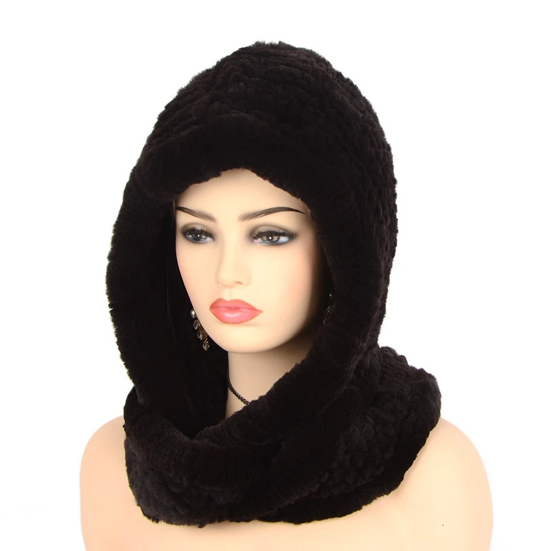 Dark brown Женская шапка, новинка, вязаный Настоящий мех кролика, шапка с капюшоном, шарф, зимние шапки для женщин, шапка, теплая, натуральный мех, шапка с шеей, шарфы - Цвет: Dark brown