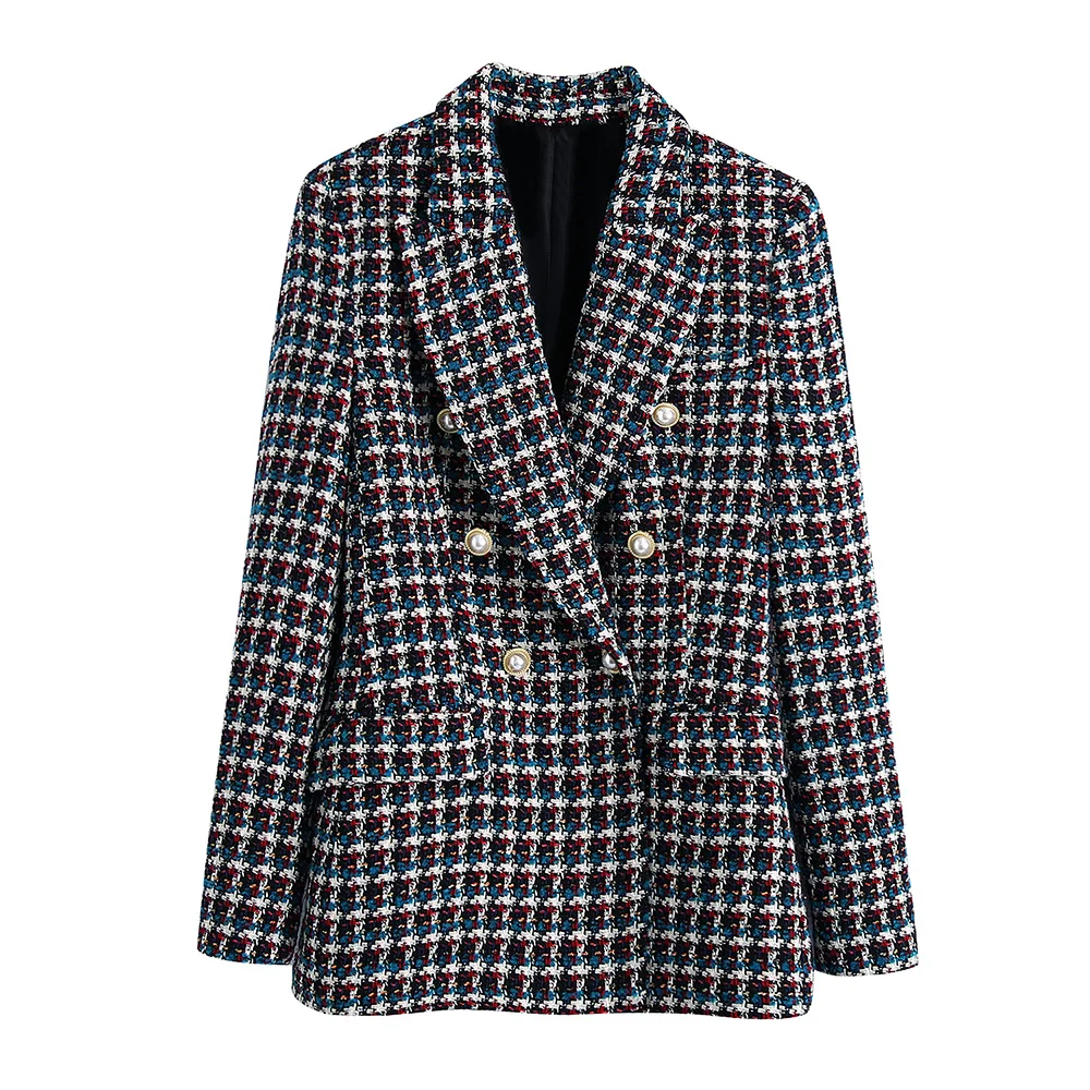 

Women Clothing 2021 Office Elegant Blazer Flap Pocket Long Sleeve Checked Tweed Blazers Peak Lapel Double Breasted Suit Jackets