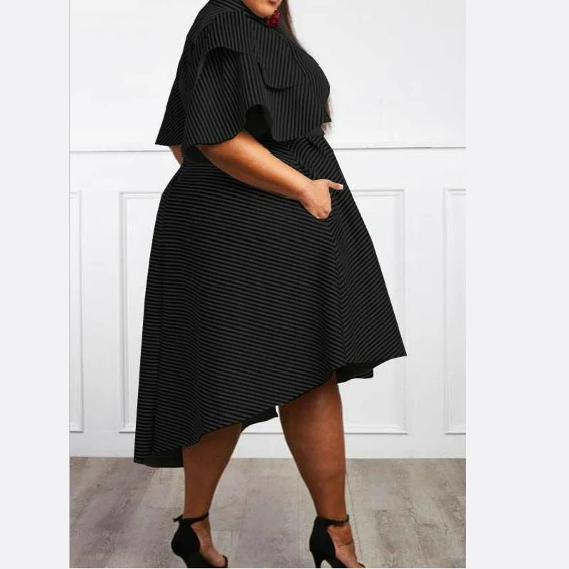 

Short Sleeve Dresses Plus Size 4XL Ruffles Empire Irregular Black White Striped Knee Length Office Evening Party Dress for Lady