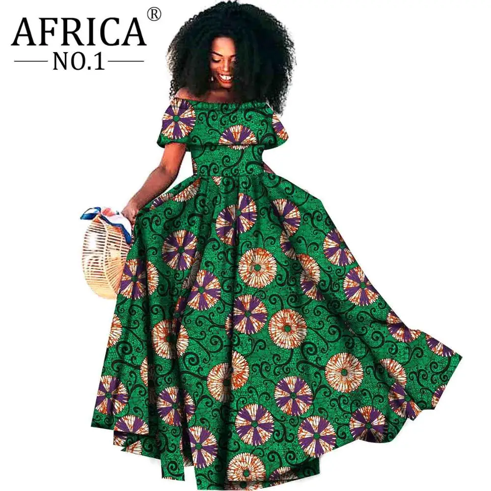 African Maxi Party dresses for Women Floor length Femme Robe off shoulder Slash neck Party wedding wear A-line dress S1925099