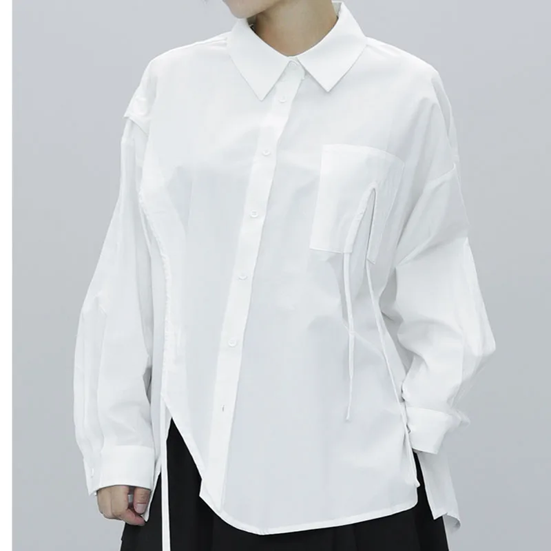 

Женская свободная рубашка с длинным рукавом, новинка 2021, Ранняя осень, асимметричная большая однотонная Свободная Повседневная рубашка, Но...