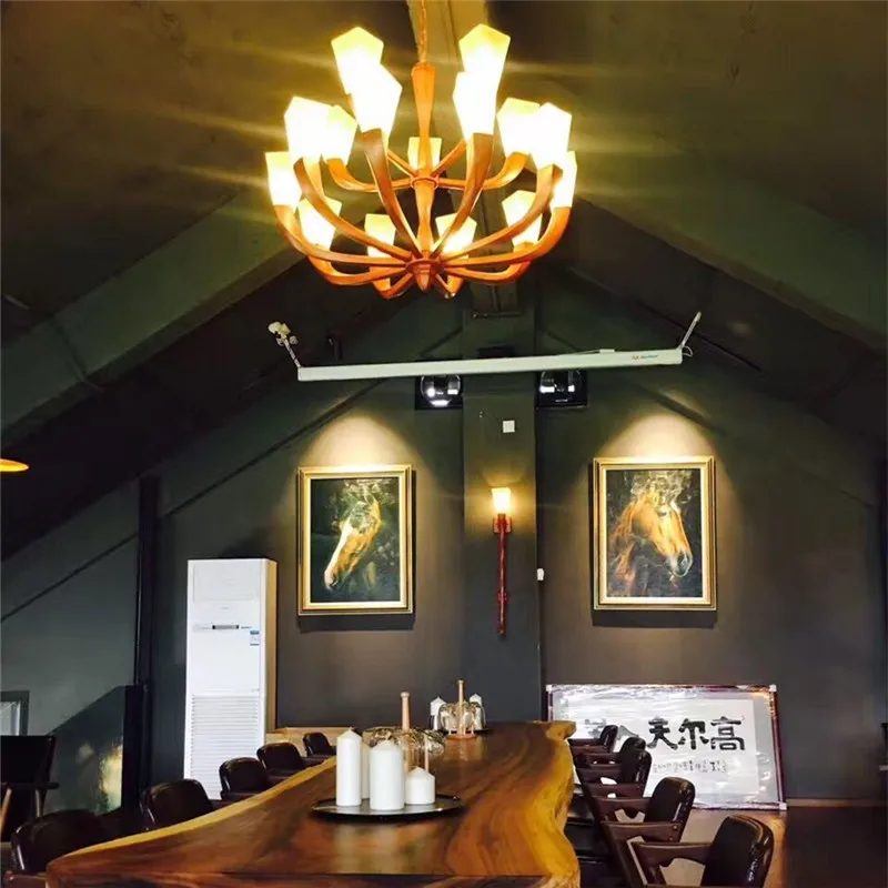 Foyer Parlor High ceiling chandelier Red wood LED suspension luminaire American vintage light glass chandeliers hotel furniture | Освещение