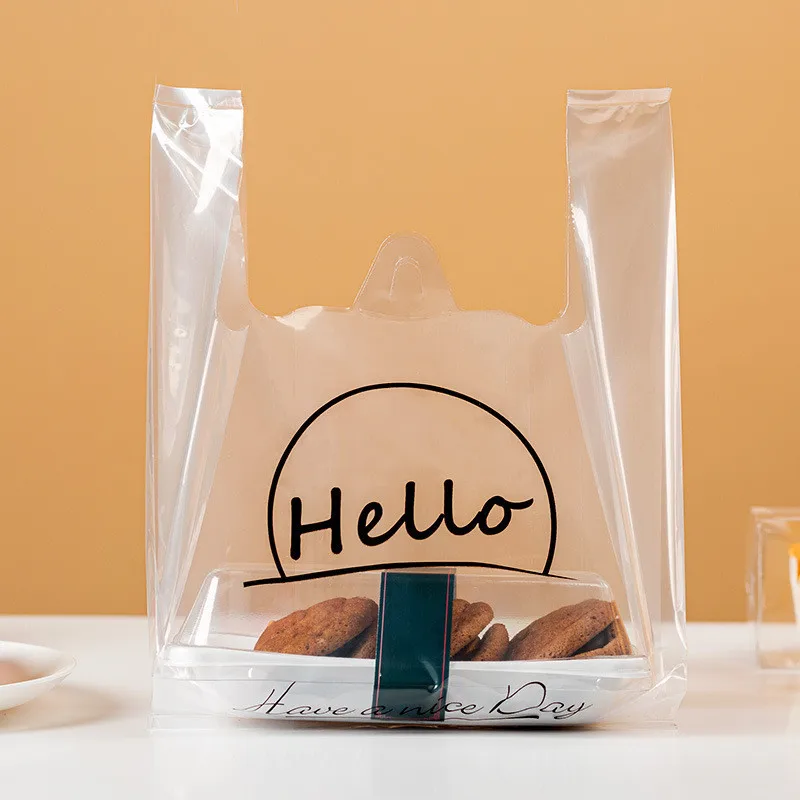 

50pcs/Lot Disposable Transparent Plastic Bag for Bakery Store Vest Type Portable Shopping Food Fast Food Takeaway Packaging Bag
