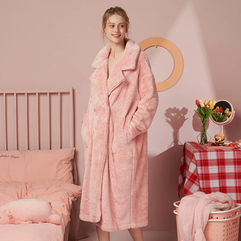 Coral Velvet Nightgown Women's Autumn and Winter New Solid Color Flannel Women's Nightgown Home Wear Sleep Tops Flannel Bathrobe
