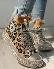 Женская на весенний сезон леопардовой расцветки женская обувь из парусины с принтом модные кроссовки Стразы с блестками на плоской подошве, женская обувь для отдыха; Молодежная повседневная обувь размера плюс; Большие размеры 35-43