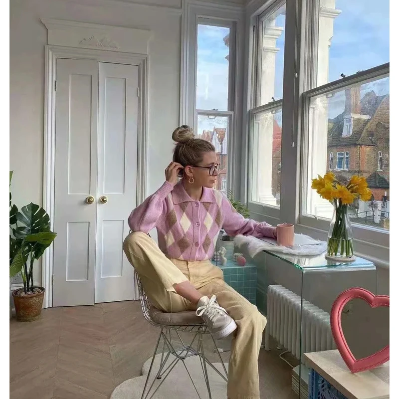 

Breathable Girls Long Sleeve Knitwear Ladies Creative Diamond Plaid Lapel Single-breasted Knitted Coat Casual Cardigan