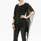 Женская Асимметричная блузка Goth, черно-красная бандажная блузка с длинными рукавами и открытыми плечами, шифоновая кружевная рубашка с вышивкой, модель 5XL