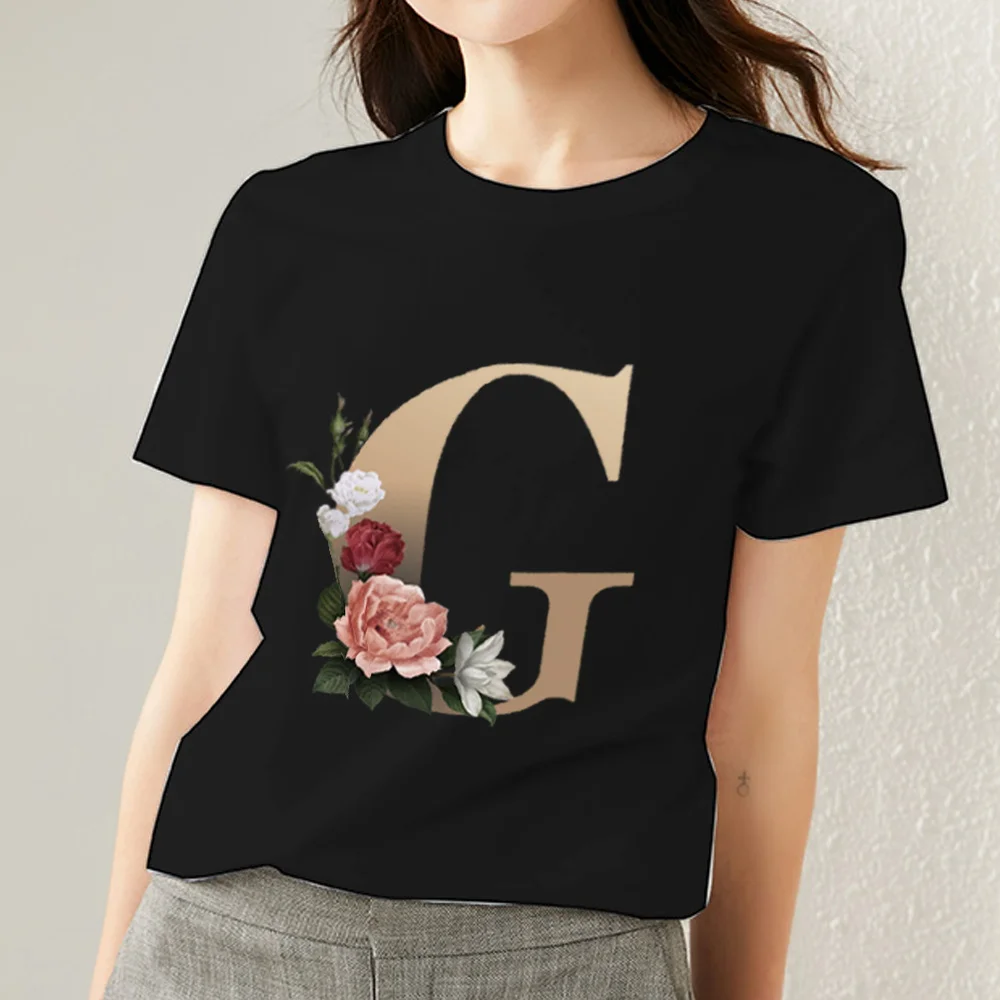 

Simple Women Clothing Black T-shirt Letter G Initial Name Initial Printing Fashion Casual O-neck Slim Comfortable Short Sleeves