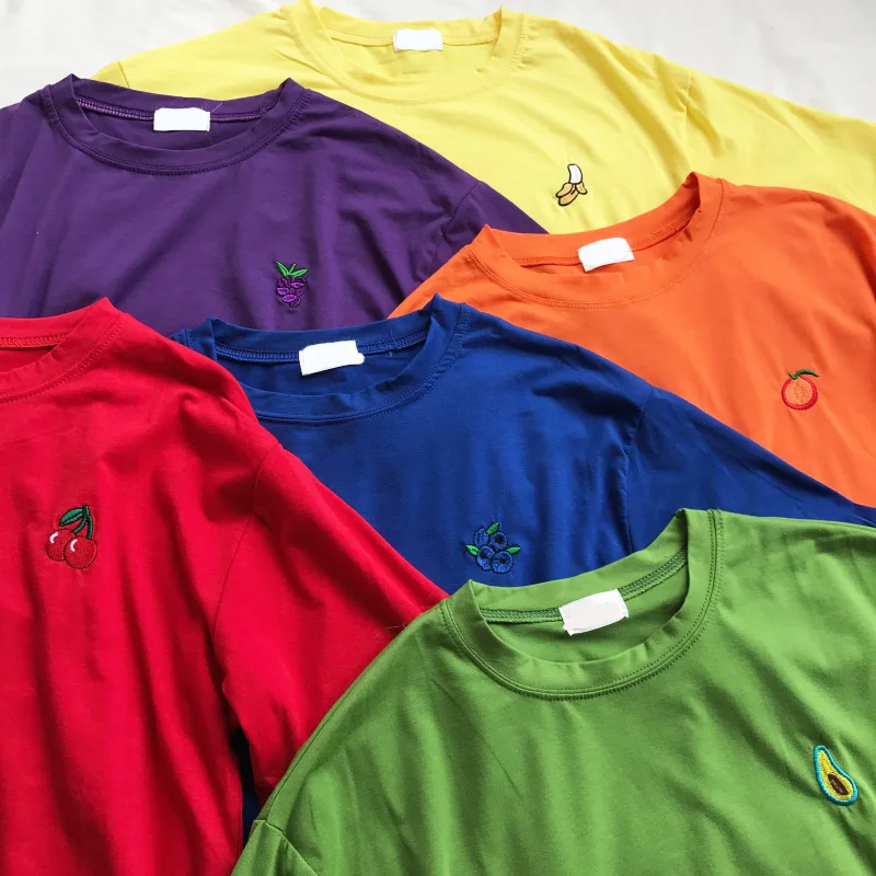 100% хлопковая футболка с вышитыми фруктами в Корейском стиле безразмерная