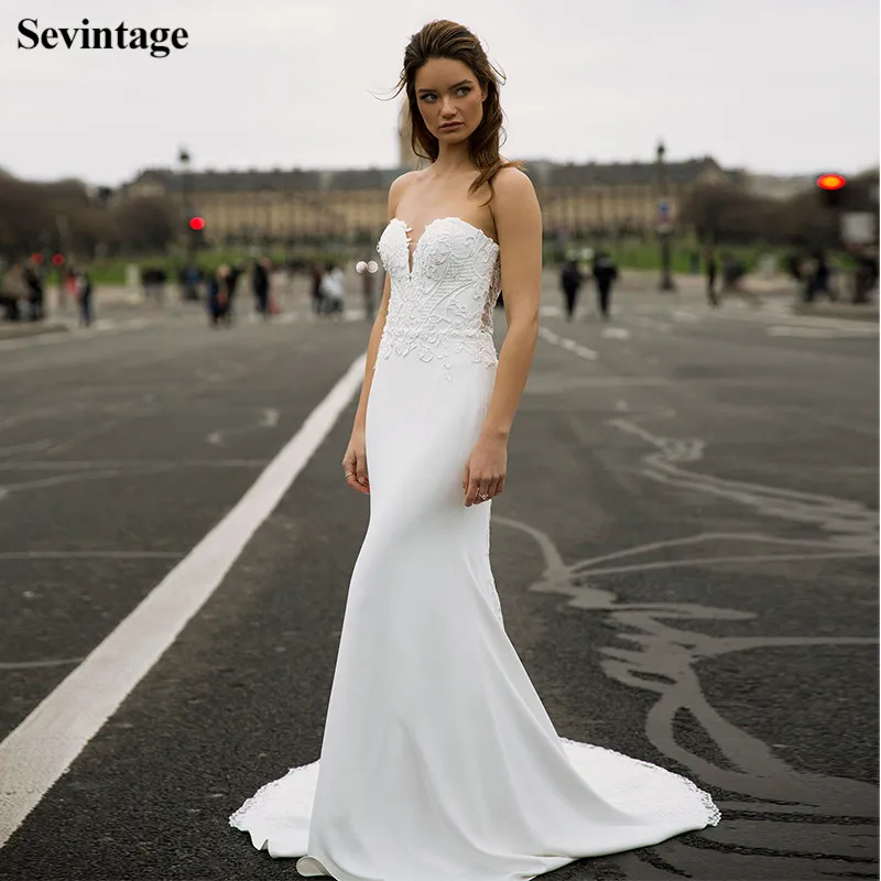

Sevintage Sexy Mermaid Wedding Dresses Boho Soft Satin Lace Wedding Gowns with Tail Bride Dress Custom Made Plus Size 2021