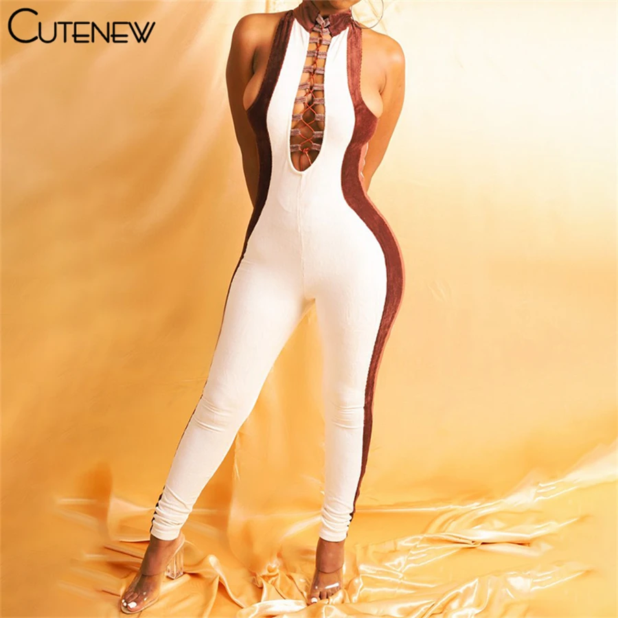 

Cutenew Fashion Cotton Patchwork Sleeveless Turtlenack Jumpsuit Women Summer Sexy Hollow Out Bandage Skinny Stretch Lady Rompers