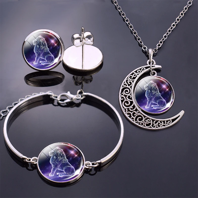 

Constellation Jewelry Set 12 Zodiac Signs Glass Cabochon Necklace Bracelet Earrings Set Women 4PCS Jewelry Set Birthday Gifts
