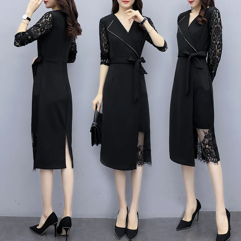 

Small Black Dress Women's Suit 2020 Autumn New Elegant Waist Hugging Slim Mid-Length Lace Stitching French Dress