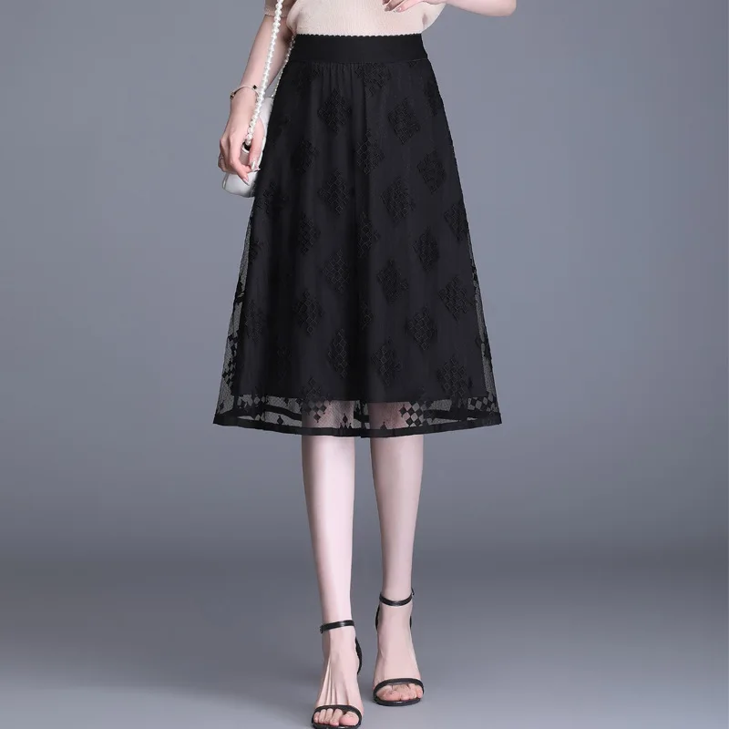 

Женская эластичная сетчатая юбка-трапеция с высокой талией и вышивкой, черная Элегантная Модная дамская юбка средней длины для работы, лето...