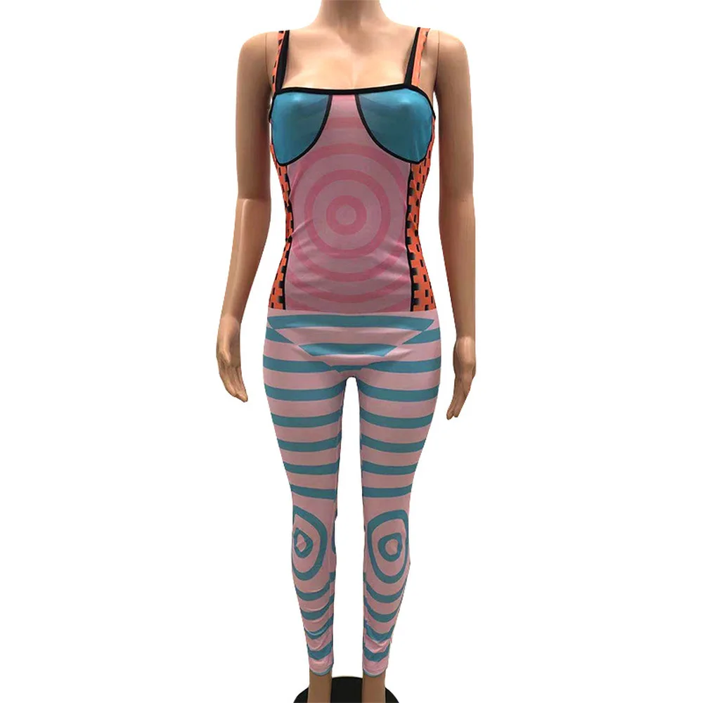 

Womens Jumpsuit Geometric Pattern Bodycon Rompers Summer Clothes Spaghetti Strap Open Back Fitness One Piece Club Bodysuit