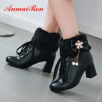 anmairon bow pu ankle women winter fashion round toe solid string bead square heel women boots pearl high heel boots metal chain