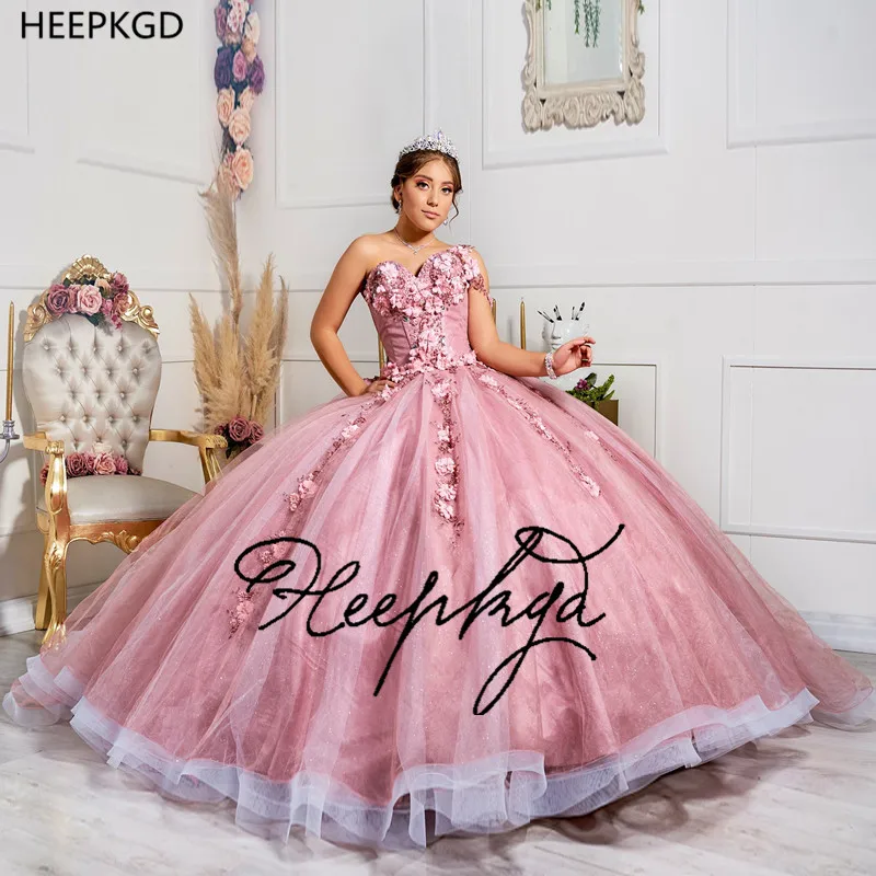 

Бальное платье с пыльными розовыми блестками, платья для Quinceanera, изысканный корсет с бусинами и цветами на спине, милые вечерние платья для 16...