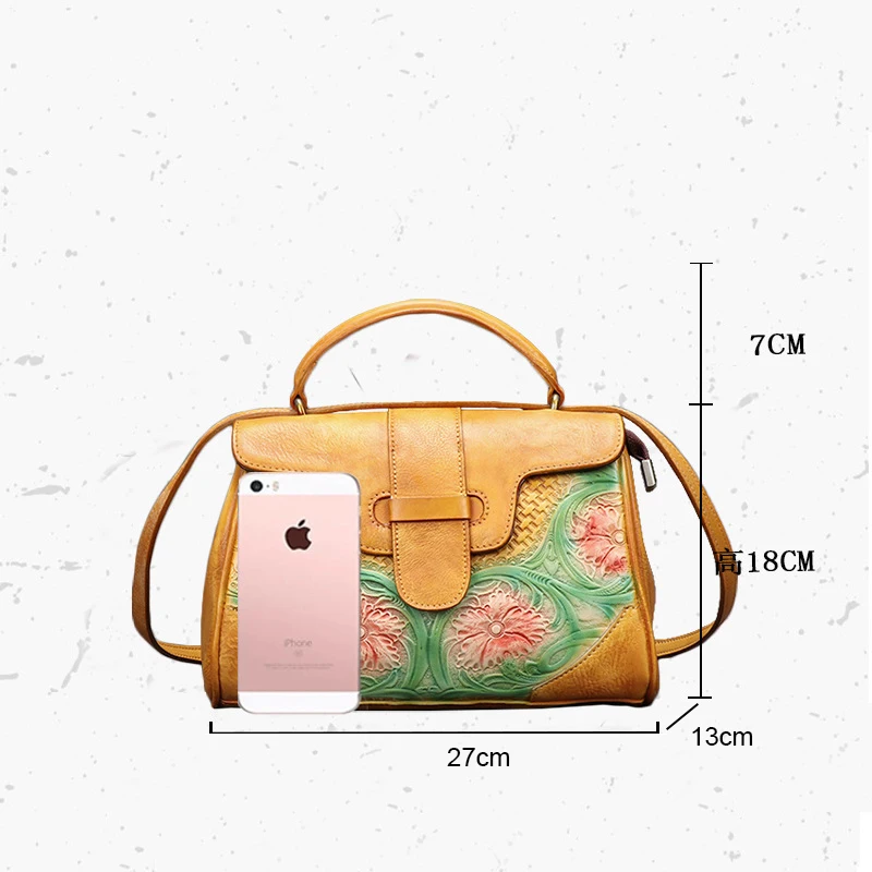 

Johnature 2021 New Retro Women Bag Genuine Leather Hand Painted Luxury Handbags Leisure Cowhide Tote Floral Ladies Hand Bags