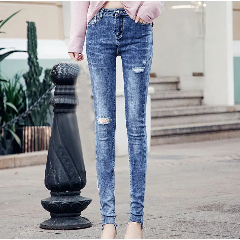 Размера плюс удлиненные дизайн отверстия зауженные джинсы Высокая талия