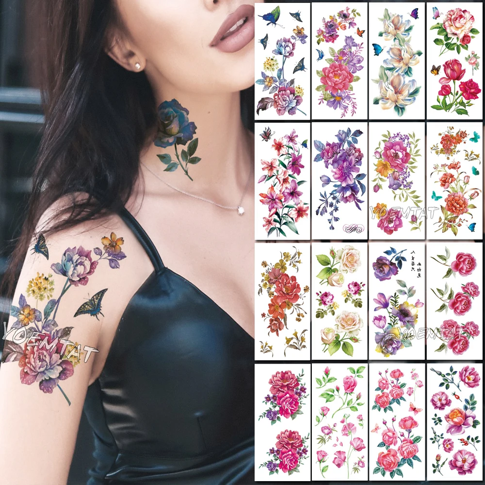 

Watercolor Rose Lily Temporary Tattoos for Women Tattoo Sticker 3D Flower Jewels Body Chest Neck Art Waterproof Arm Fake Tatoo