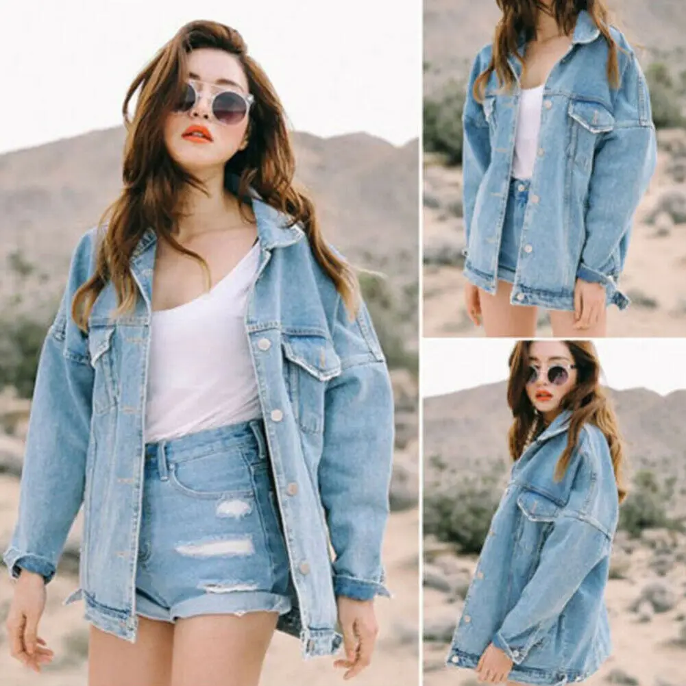 

Casual Women's Retro Boyfriend Oversized Denim Jacket Loose Jeans Coat Outwear
